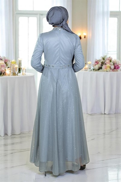 Taş Detaylı Göğsü Drapeli Simli Abiye Gümüş 19188