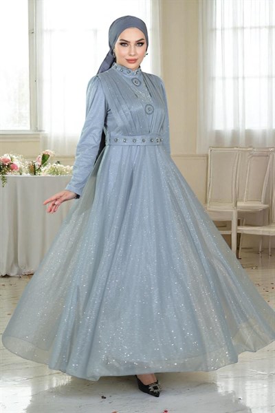 Taş Detaylı Göğsü Drapeli Simli Abiye Gümüş 19188