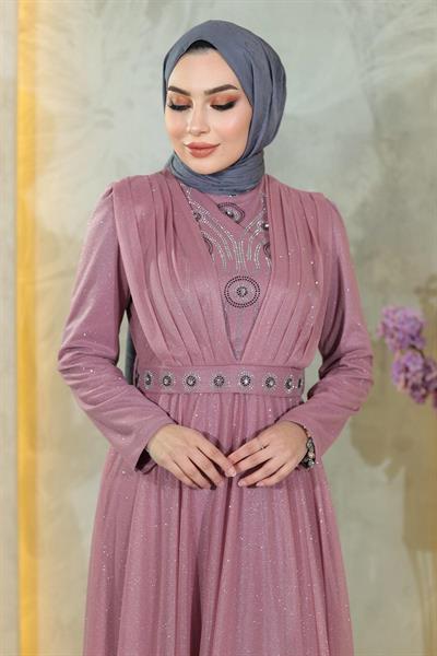 Taş Detaylı Göğsü Drapeli Simli Abiye Gül Kurusu MSW19188-2