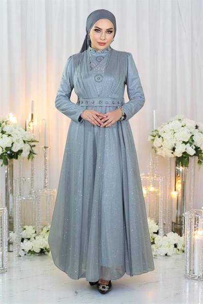 Taş Detaylı Göğsü Drapeli Simli Abiye Gümüş 19188