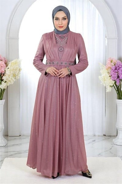 Taş Detaylı Göğsü Drapeli Simli Abiye Gül Kurusu 19188