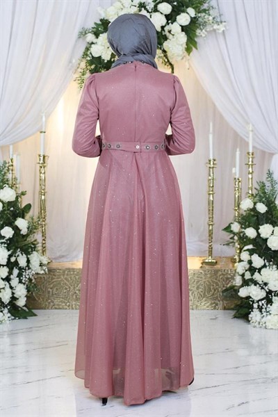 Taş Detaylı Göğsü Drapeli Simli Abiye Gül Kurusu 19188