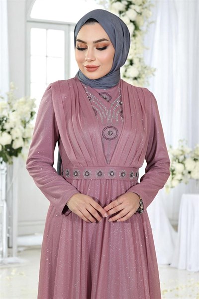 Taş Detaylı Göğsü Drapeli Simli Abiye Gül Kurusu 19188