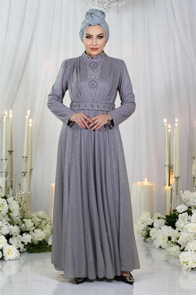 Taş Detaylı Göğsü Drapeli Simli Abiye Lila 19188