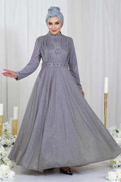 Taş Detaylı Göğsü Drapeli Simli Abiye Lila 19188