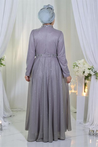 Taş Detaylı Göğsü Drapeli Simli Abiye Lila 19188