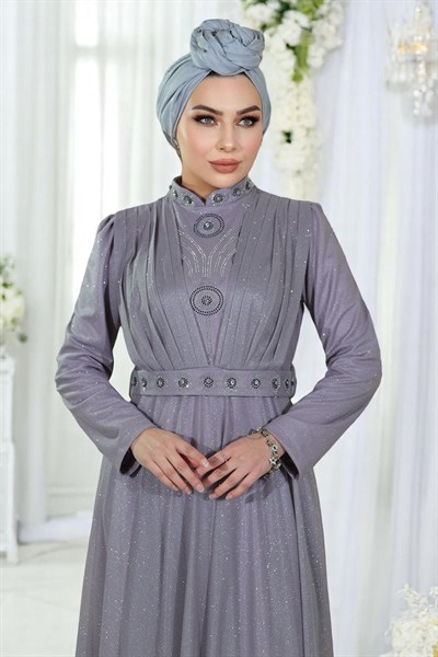 Taş Detaylı Göğsü Drapeli Simli Abiye Lila 19188