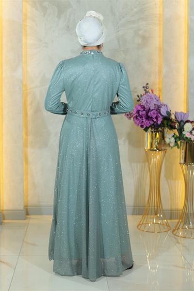 Taş Detaylı Göğsü Drapeli Simli Abiye Mint MSW19188-3