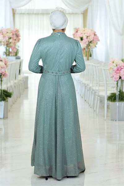 Taş Detaylı Göğsü Drapeli Simli Abiye Mint 19188