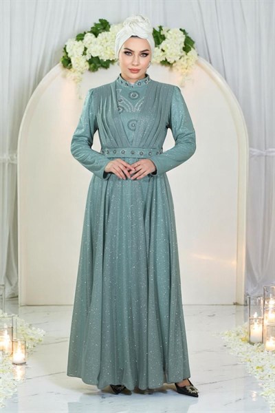 Taş Detaylı Göğsü Drapeli Simli Abiye Mint 19188