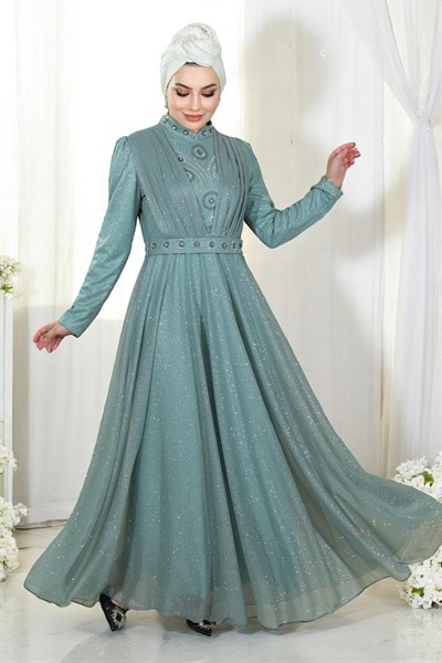 Taş Detaylı Göğsü Drapeli Simli Abiye Mint 19188