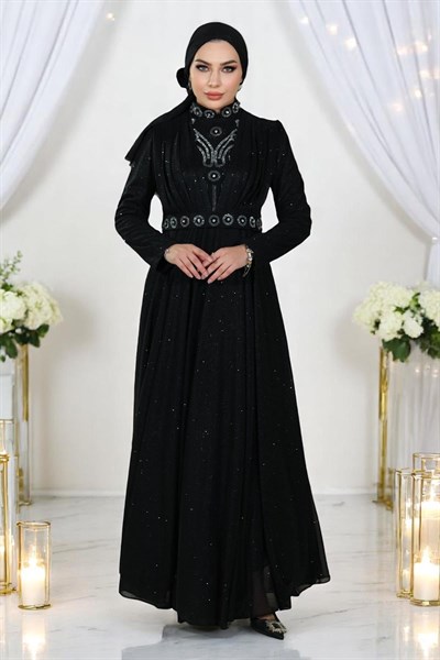 Taş Detaylı Göğsü Drapeli Simli Abiye Siyah 19188