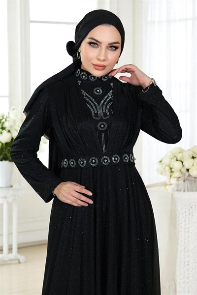 Taş Detaylı Göğsü Drapeli Simli Abiye Siyah 19188