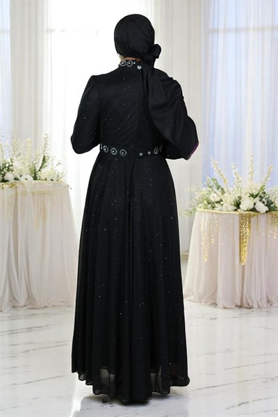 Taş Detaylı Göğsü Drapeli Simli Abiye Siyah 19188