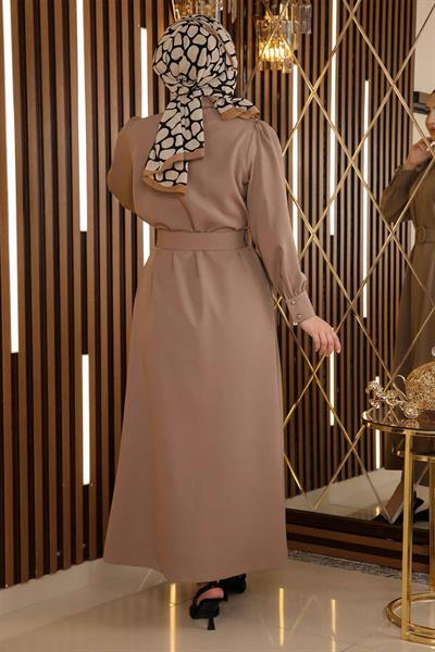 Taş Detaylı Kemerli Elbise Vizon 19115