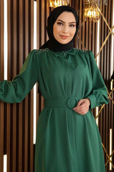 Taş Detaylı Kemerli Elbise Zümrüt 19115
