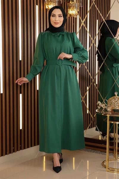 Taş Detaylı Kemerli Elbise Zümrüt 19115