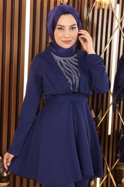 Taş Detaylı Kemerli Takım İndigo 19122