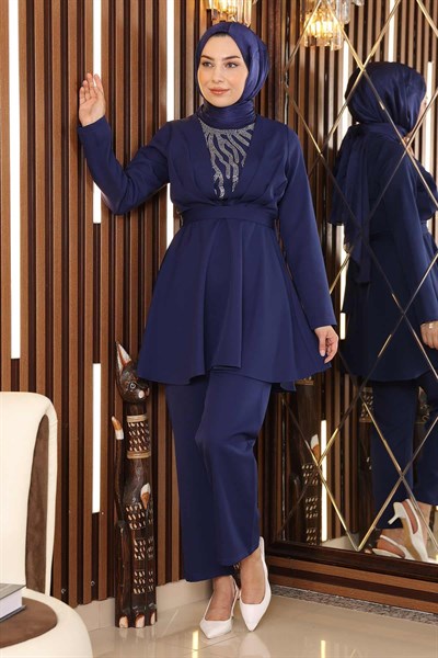 Taş Detaylı Kemerli Takım İndigo 19122