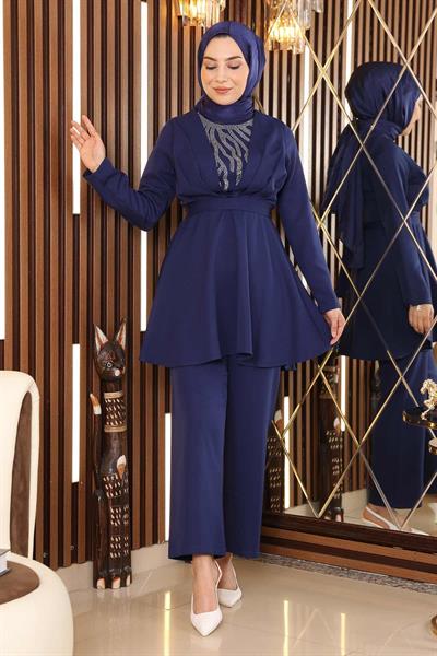 Taş Detaylı Kemerli Takım İndigo MSW19122-1