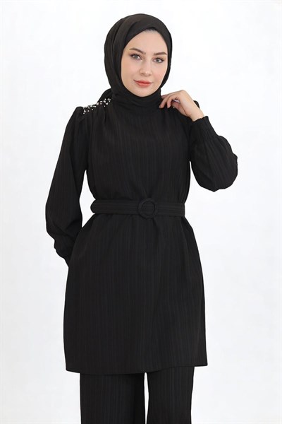 Taş Detaylı Kemerli Takım Siyah 19104