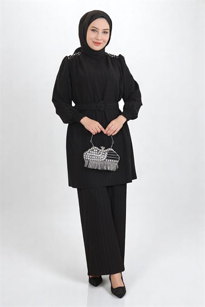 Taş Detaylı Kemerli Takım Siyah 19104