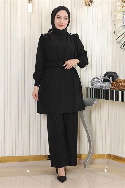 Taş Detaylı Kemerli Takım Siyah MSW19104-1