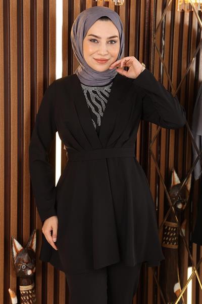 Taş Detaylı Kemerli Takım Siyah MSW19122-3