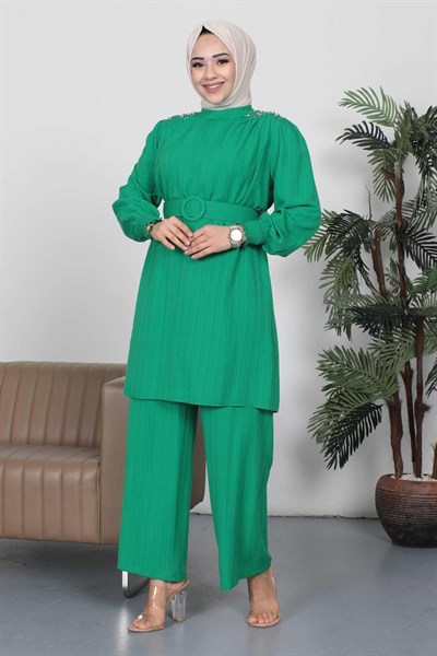 Taş Detaylı Kemerli Takım Yeşil 19112