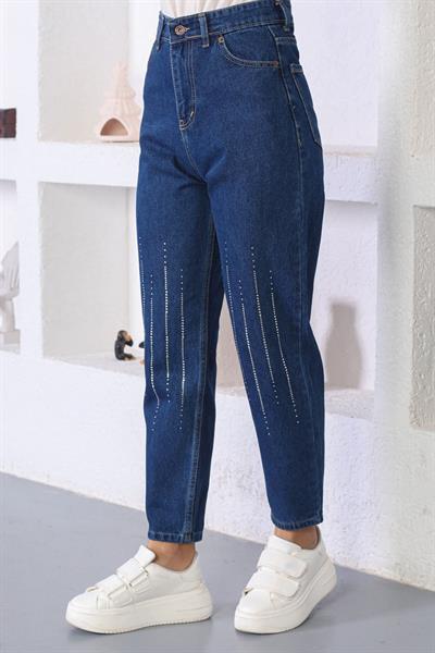 Taş Detaylı Kot Pantolon Koyu Kot 6039