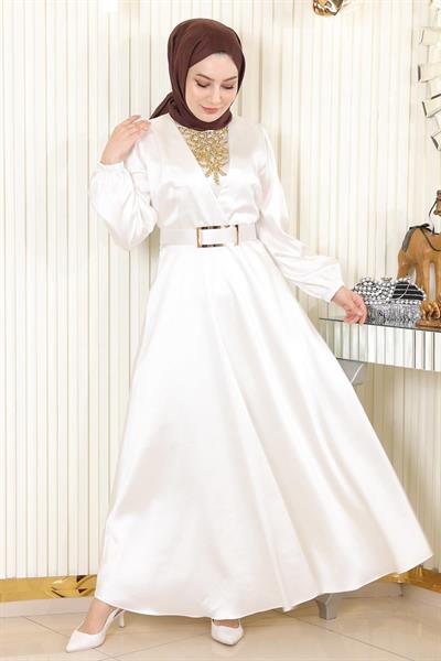 Taş Detaylı Saten Abiye Beyaz MSW19901-2