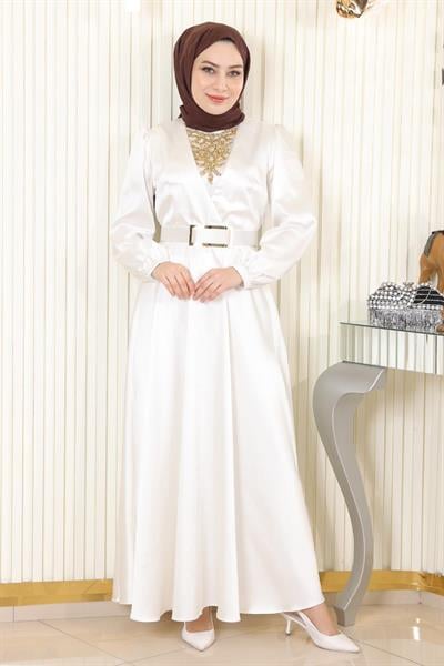 Taş Detaylı Saten Abiye Beyaz MSW19901-2