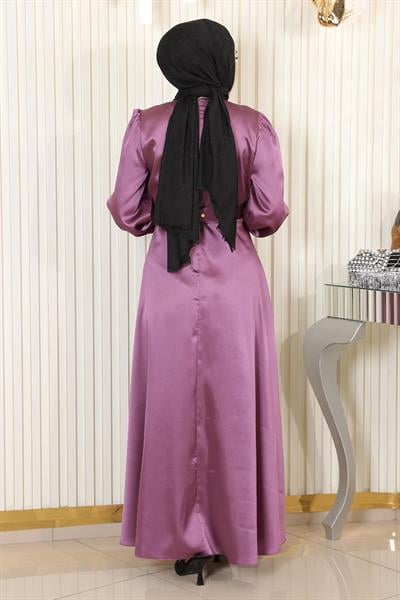 Taş Detaylı Saten Abiye Gül Kurusu MSW19901-5