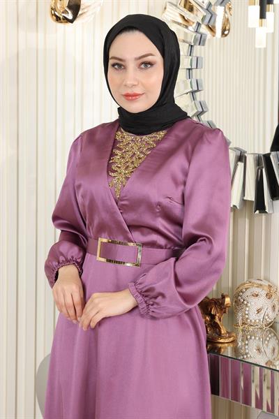 Taş Detaylı Saten Abiye Gül Kurusu MSW19901-5