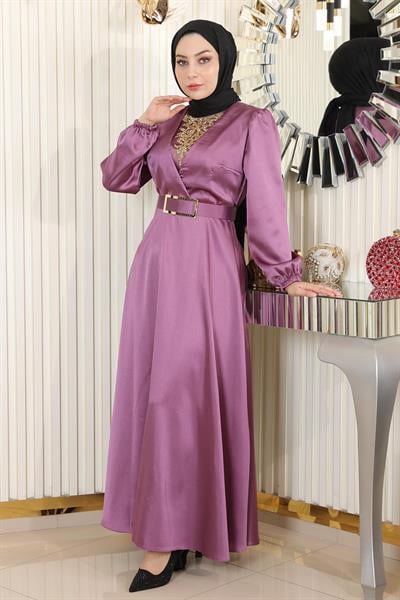 Taş Detaylı Saten Abiye Gül Kurusu MSW19901-5