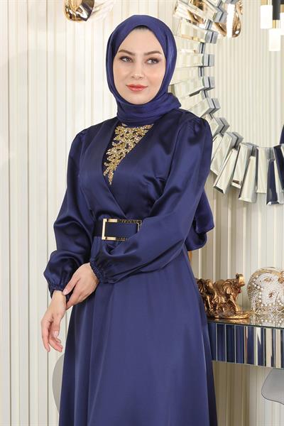 Taş Detaylı Saten Abiye İndigo MSW19901-4
