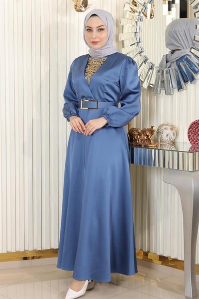 Taş Detaylı Saten Abiye Mavi MSW19901-3