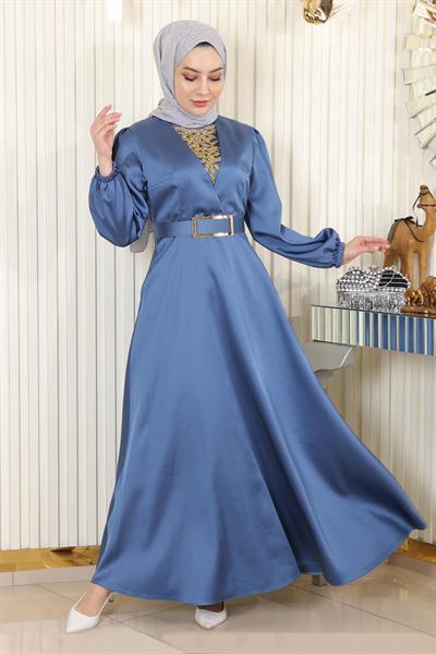 Taş Detaylı Saten Abiye Mavi MSW19901-3