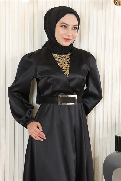 Taş Detaylı Saten Abiye Siyah MSW19901-1