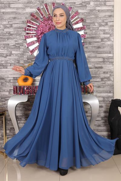 Taş Detaylı Şifon Abiye İndigo 19109