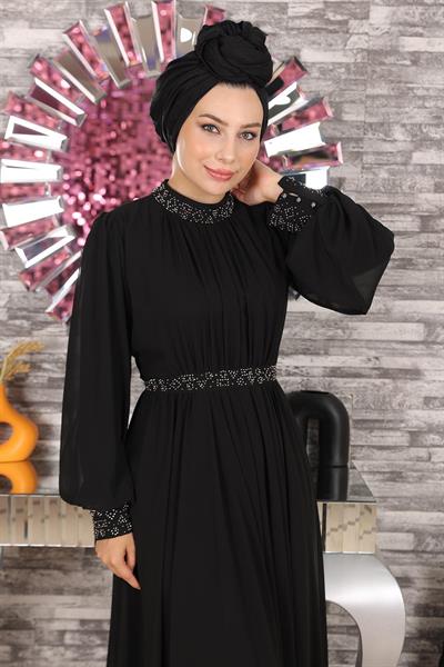 Taş Detaylı Şifon Abiye Siyah 19109