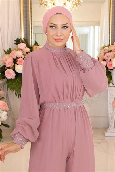 Taş Detaylı Şifon Tulum Abiye Gül Kurusu 19153