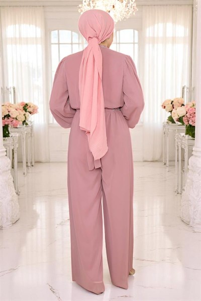 Taş Detaylı Şifon Tulum Abiye Gül Kurusu 19153