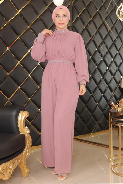 Taş Detaylı Şifon Tulum Abiye Gül Kurusu MSW19153-3