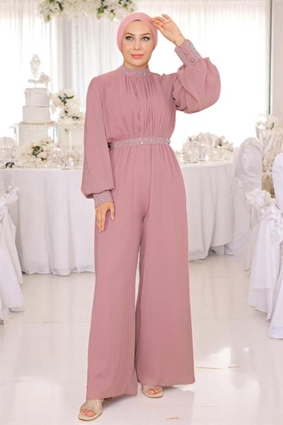 Taş Detaylı Şifon Tulum Abiye Gül Kurusu 19153