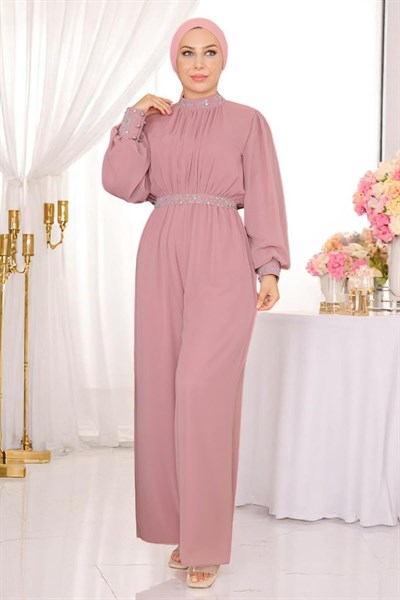 Taş Detaylı Şifon Tulum Abiye Gül Kurusu 19153