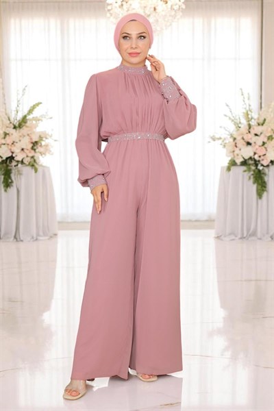 Taş Detaylı Şifon Tulum Abiye Gül Kurusu 19153