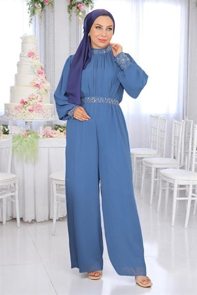 Taş Detaylı Şifon Tulum Abiye Mavi 19153