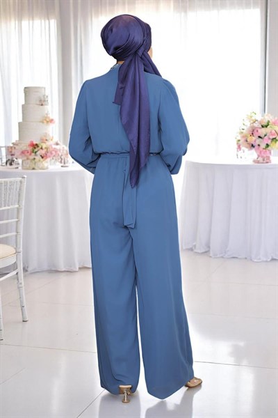 Taş Detaylı Şifon Tulum Abiye Mavi 19153