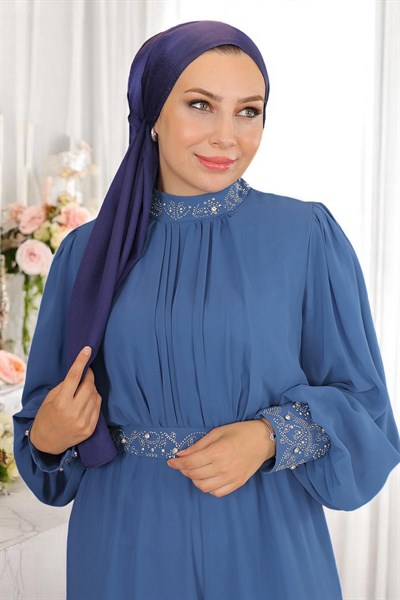 Taş Detaylı Şifon Tulum Abiye Mavi 19153